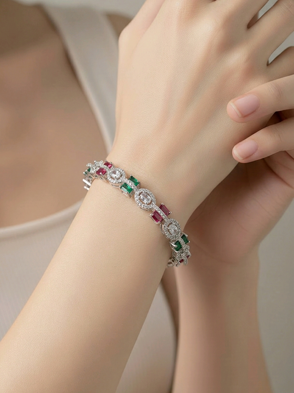 Elegant Silver Bracelet with Green and Red Stones